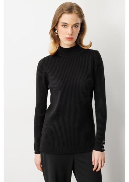 Yarım Balıkçı Fitilli Triko Kazak-Siyah