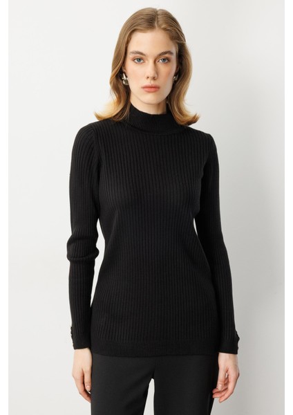 Yarım Balıkçı Fitilli Triko Kazak-Siyah fiyatları