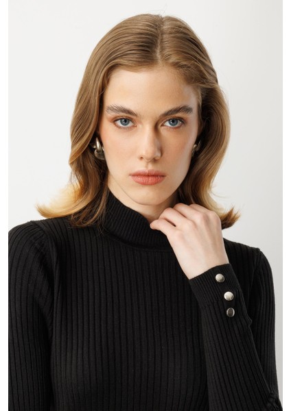 Yarım Balıkçı Fitilli Triko Kazak-Siyah