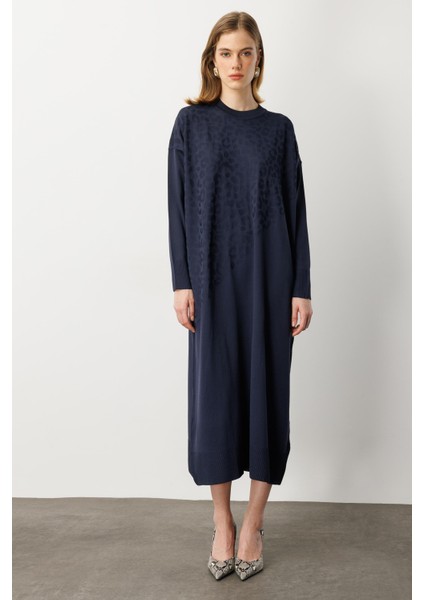 Leopar Desenli Triko Uzun Elbise-Lacı