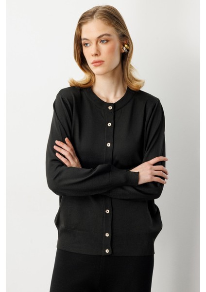 Düğmeli Basic Triko Hırka-SİYAH