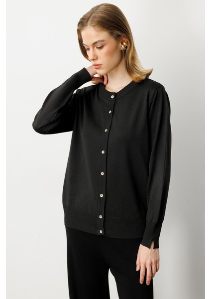 Düğmeli Basic Triko Hırka-SİYAH indirimleri