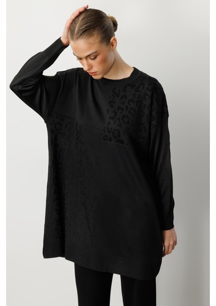 Leopar Kombinli Triko Tunik-Siyah