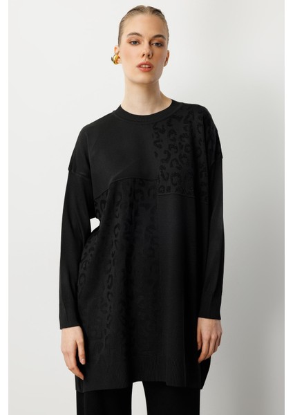 Leopar Kombinli Triko Tunik-Siyah fiyatları