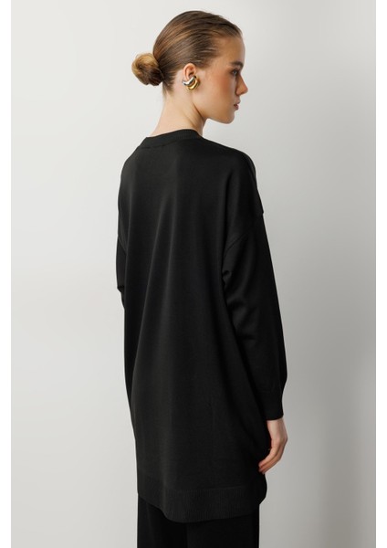 Leopar Kombinli Triko Tunik-Siyah