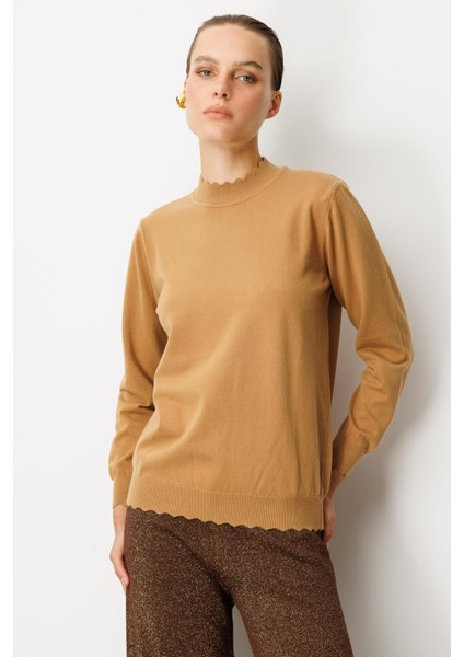 Yarım Balıkçı Angora Triko Kazak-Camel