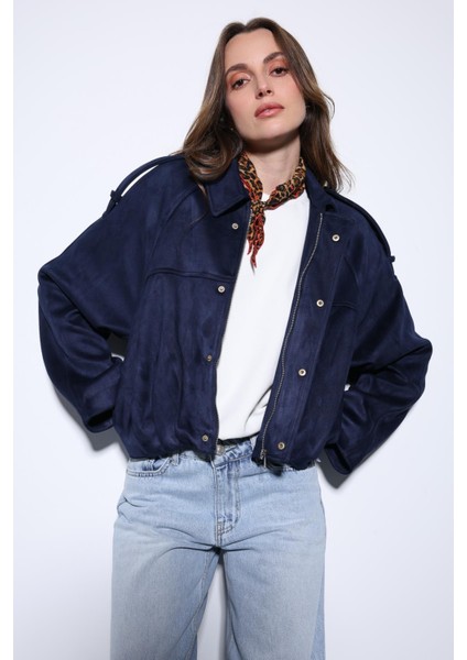 Lacivert Süet Görünümlü Bomber Kadın Mont modelleri