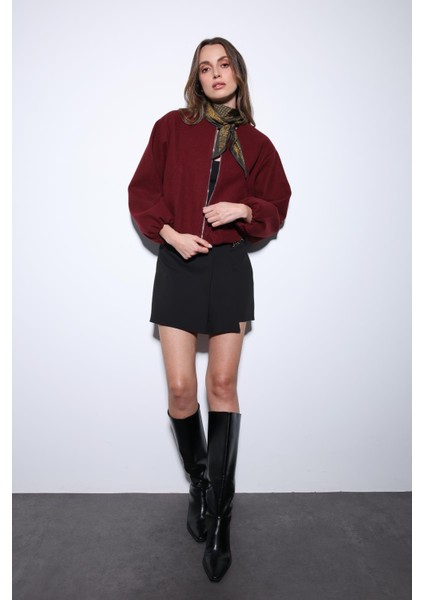 Bordo Bel Lastikli Crop Kadın Mont