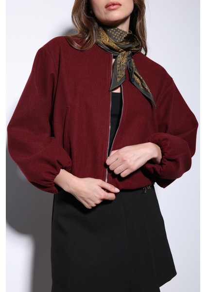 Bordo Bel Lastikli Crop Kadın Mont