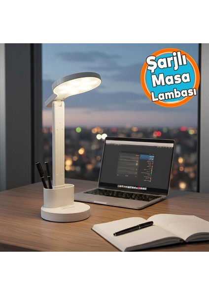Dokunmatik 3 Renkli Kademesiz Karartmalı Type C Şarjlı Masa Lambası Kalemlikli 10W Beyaz LED