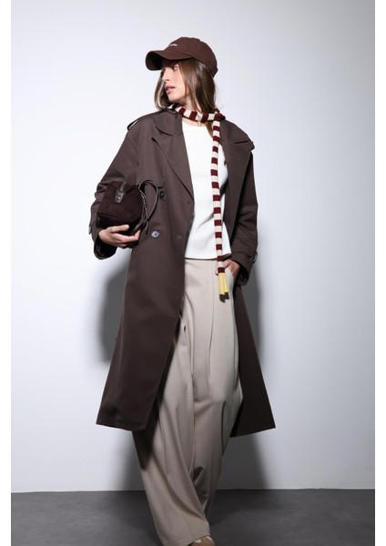 Kahve Kruvaze Kemerli Kadın Trençkot