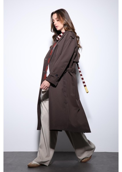 Kahve Kruvaze Kemerli Kadın Trençkot modelleri