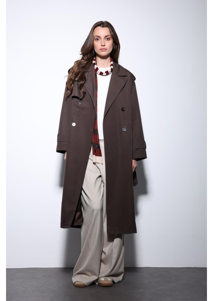 Kahve Kruvaze Kemerli Kadın Trençkot fırsatları