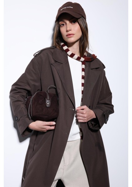 Kahve Kruvaze Kemerli Kadın Trençkot indirimleri