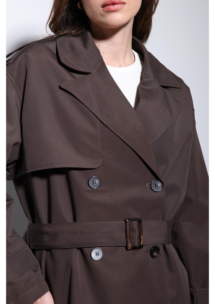 Kahve Kruvaze Kemerli Kadın Trençkot