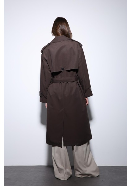 Kahve Kruvaze Kemerli Kadın Trençkot