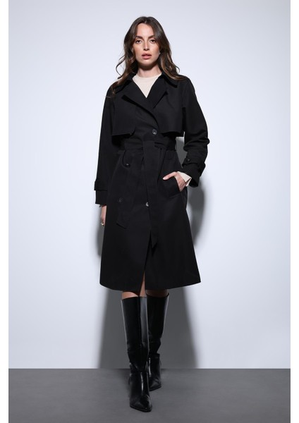 Siyah Kruvaze Kemerli Kadın Trençkot fiyatları