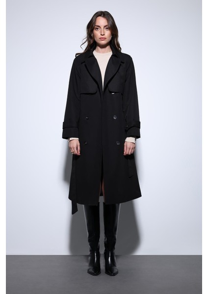 Siyah Kruvaze Kemerli Kadın Trençkot modelleri