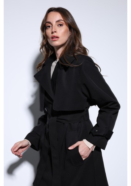 Siyah Kruvaze Kemerli Kadın Trençkot indirimleri