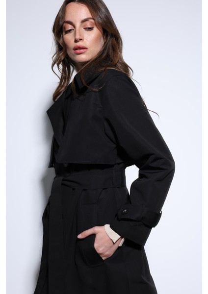 Siyah Kruvaze Kemerli Kadın Trençkot