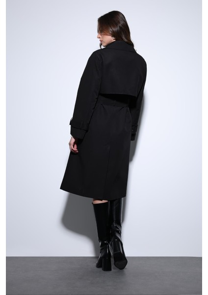 Siyah Kruvaze Kemerli Kadın Trençkot