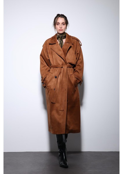 Taba Kruvaze Süet Görünümlü Premium Kadın Trençkot modelleri