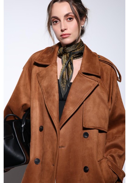 Taba Kruvaze Süet Görünümlü Premium Kadın Trençkot fırsatları