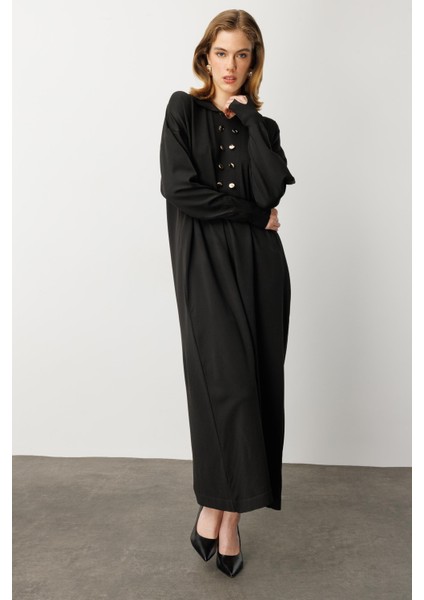 Polo Yaka Düğme Detaylı Uzun Elbise-SİYAH fiyatları
