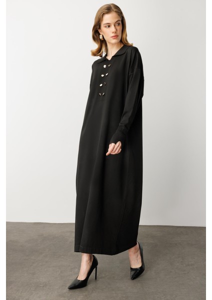Polo Yaka Düğme Detaylı Uzun Elbise-SİYAH modelleri