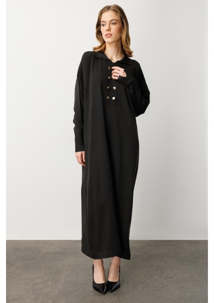 Polo Yaka Düğme Detaylı Uzun Elbise-SİYAH fırsatları