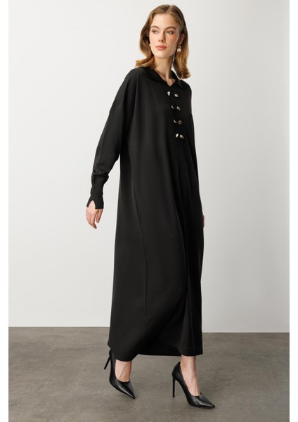 Polo Yaka Düğme Detaylı Uzun Elbise-SİYAH