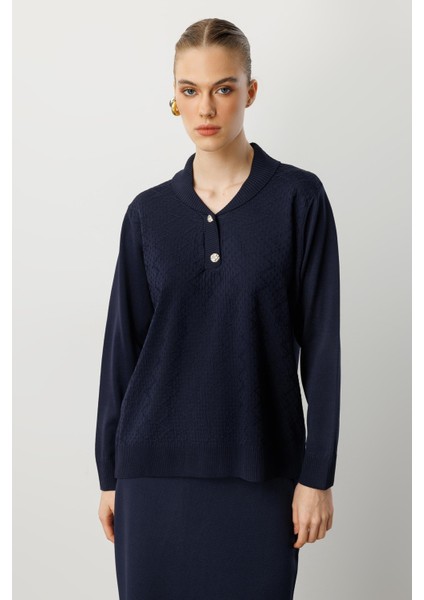 Büyük Beden Düğme Detaylı Triko Kazak-LACI