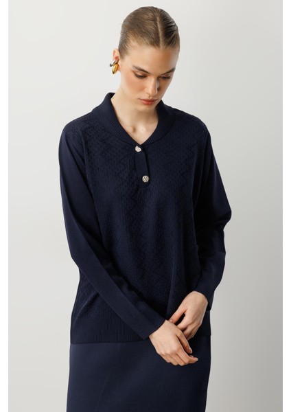 Büyük Beden Düğme Detaylı Triko Kazak-LACI fırsatları