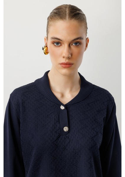 Büyük Beden Düğme Detaylı Triko Kazak-LACI indirimleri