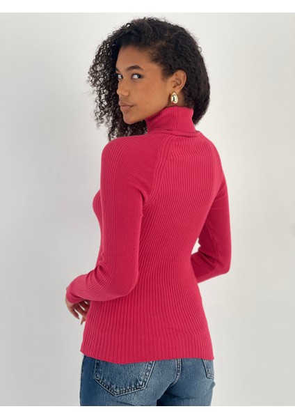 Reglan Kollu Fitilli Boğazlı Fuşya Triko Kazak fiyatları