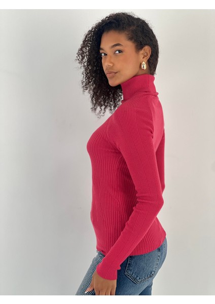 Reglan Kollu Fitilli Boğazlı Fuşya Triko Kazak modelleri
