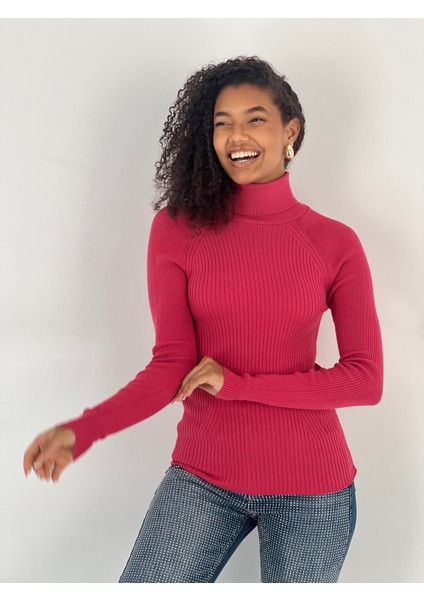 Reglan Kollu Fitilli Boğazlı Fuşya Triko Kazak indirimleri