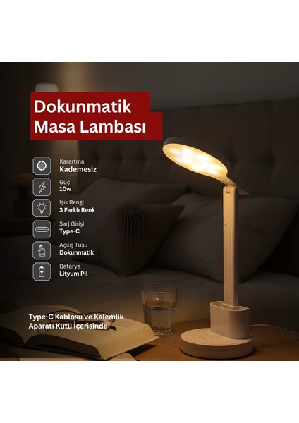 Dokunmatik 3 Renkli Kademesiz Karartmalı Type C Şarjlı Masa Lambası Kalemlikli 10W Beyaz LED fırsatları