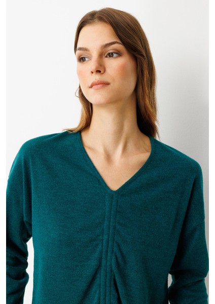 Drapeli V Yaka Dokuma Bluz-Yeşil fiyatları