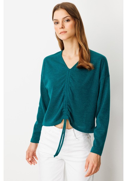 Drapeli V Yaka Dokuma Bluz-Yeşil modelleri