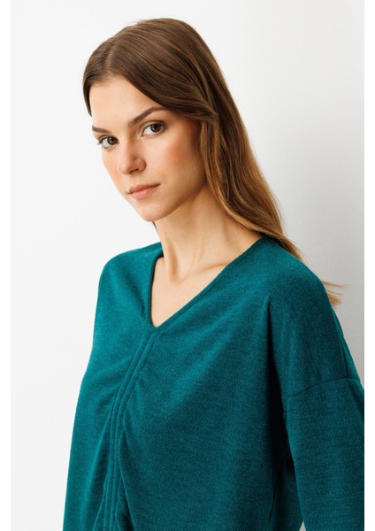 Drapeli V Yaka Dokuma Bluz-Yeşil fırsatları