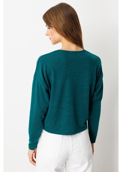 Drapeli V Yaka Dokuma Bluz-Yeşil indirimleri