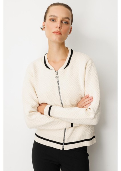 Ribana Detaylı Fermuarlı Triko Hırka-EKRU modelleri