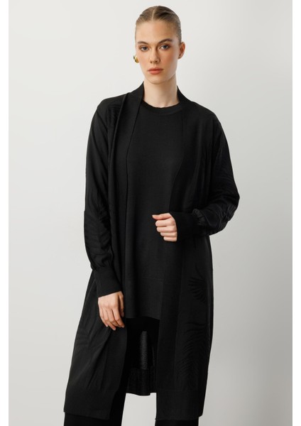 Yaprak Desenli Uzun Triko Hırka-Siyah fiyatları