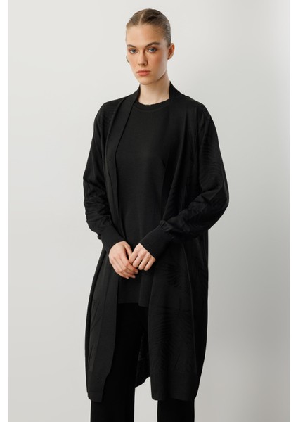 Yaprak Desenli Uzun Triko Hırka-Siyah indirimleri