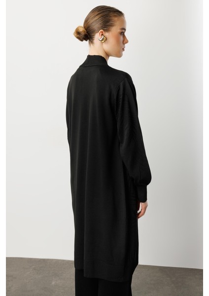 Yaprak Desenli Uzun Triko Hırka-Siyah