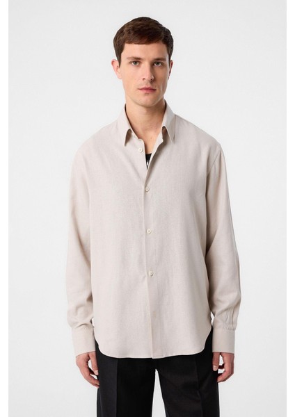 Bej Relax Fit Keten Karışımlı Erkek Gömlek