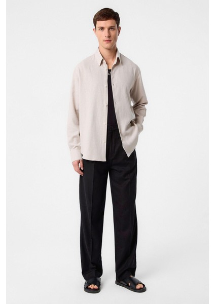 Bej Relax Fit Keten Karışımlı Erkek Gömlek modelleri