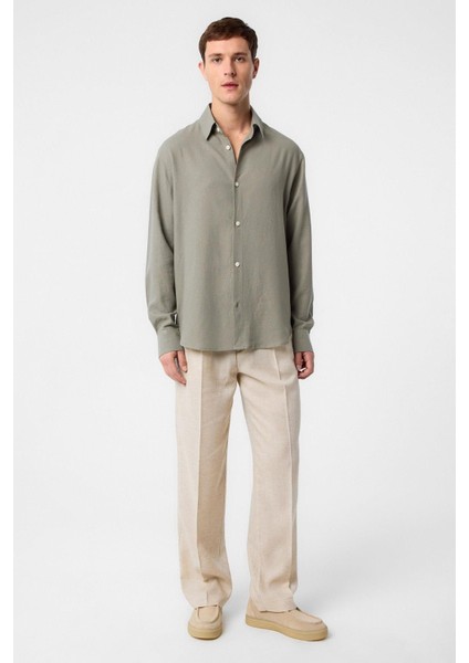 Haki Relax Fit Keten Karışımlı Erkek Gömlek fiyatları