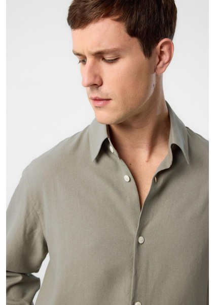 Haki Relax Fit Keten Karışımlı Erkek Gömlek modelleri